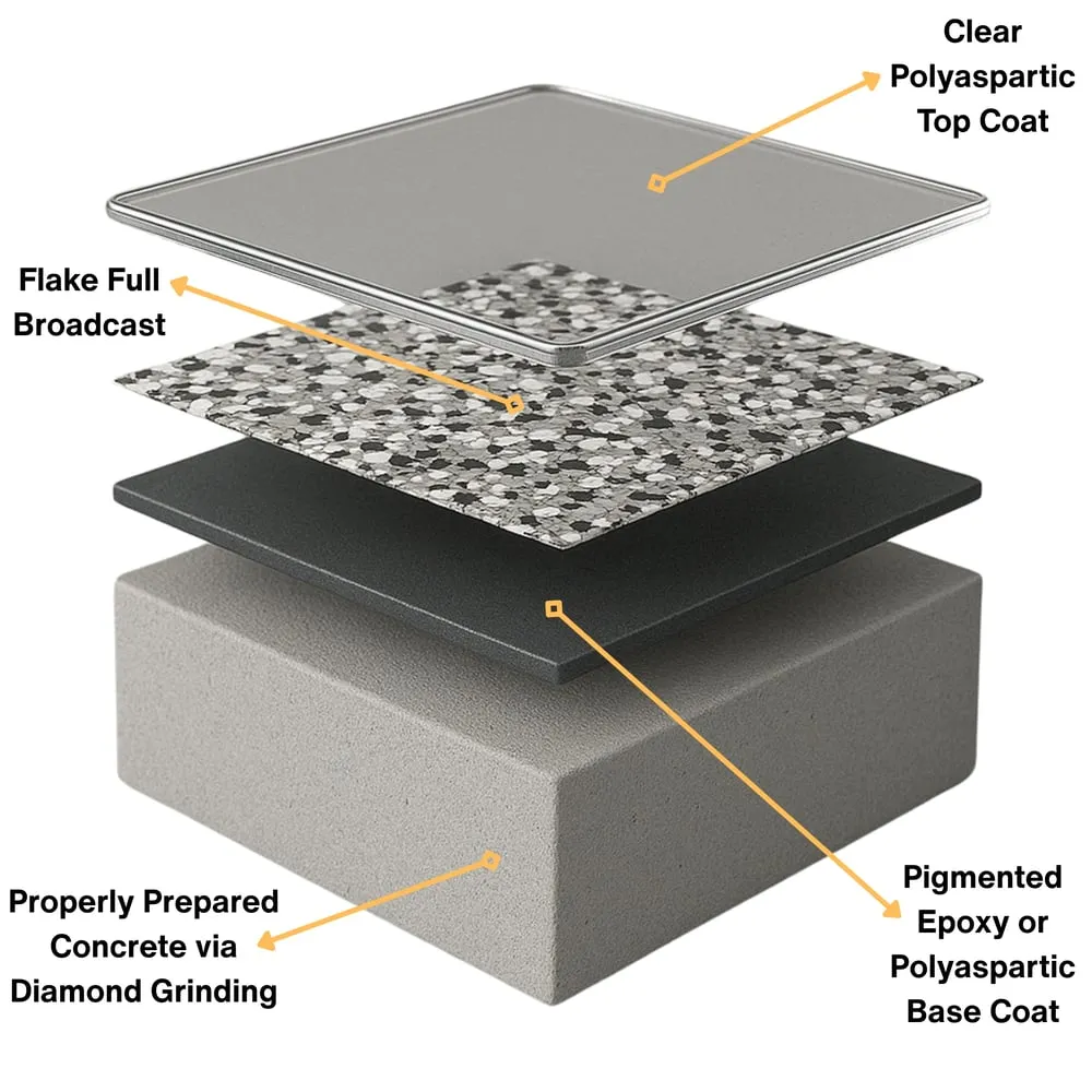 Epoxy flooring system layers — concrete, 100% solids cycloaliphatic epoxy base, flake broadcast, and polyaspartic topcoat