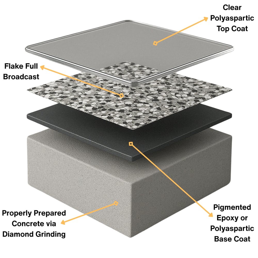 Epoxy flooring system layers — concrete, 100% solids cycloaliphatic epoxy base, flake broadcast, and polyaspartic topcoat